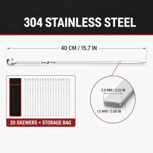 20 Pcs BBQ Skewers, 40 cm (15.7 in) Flat Metal Kebab Skewers, Reusable 304 Stainless Steel Barbecue Sticks with Twisted Handles and Oxford Storage Bag — view 3