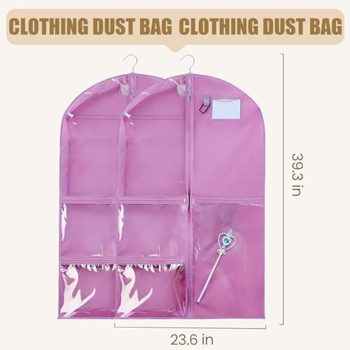 2 Pack 39.37 Inch Dance Costume Bag for Dancers, Hanging Garment Bags with Multiple Pockets, Clear Storage Organizer for Costumes, Accessories and Dance Shoes (Purple) — view 2