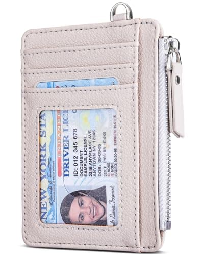 Teskyer Card Holder Wallet, Slim Credit Card Wallets, Minimalist, RFID Blocking, 1 ID Window, with Zipper, Holds up to 8 Cards, Beige
