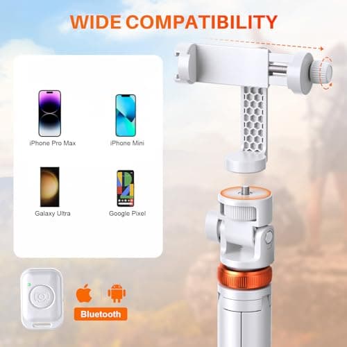 62” Phone Tripod with Remote, tripod for iPhone & Selfie Stick, High Strength Legs & Extendable Tube Travel Tripod Stand, Solidest Cell Phone Tripod Compatible with iPhone/Android/Camera(White) — view 6