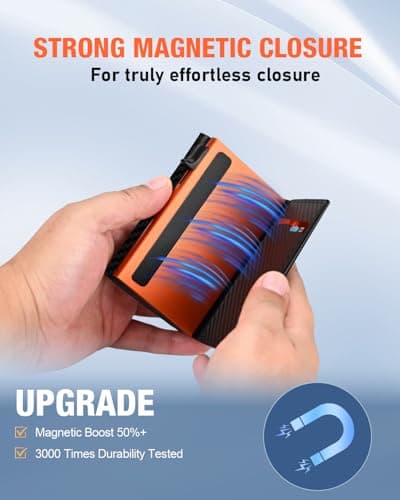 Mens Wallets Credit Card Holder | Wallets for Men with Magnetic Closure & Coin Pocket & ID Window | Minimalist Smart Pop Up Leather Wallet | RFID Card Cases for 12 Cards | Cash Slot | Black & Orange — view 6
