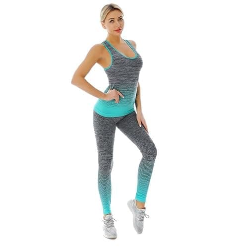 ZiaWorld Women's Workout Set, Gym Set Seamless Ribbed Casual Comfortable Vest Top High Waist Leggings Set, Sports Activewear Tracksuit Yoga Fitness Ladies Gym Wear, TURQUOISE, S/M