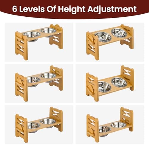 BREEZENEST Raised Dog Bowl 6-Level Adjustable Height, Bamboo Elevated Dog Bowls with Stand 15° Tilt, 2 Stainless Steel Pet Bowl, Anti-Slip Foldable Dog Feeding Station for Small Medium Dogs & Cats — view 3