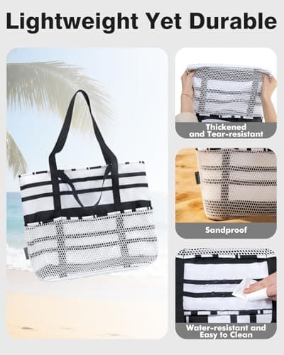 Beach Bag with Zip and Pockets Small Beach Tote Bags for Women, Stripes — view 6