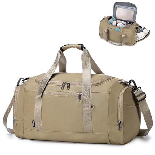 SPAHER Travel Sports Gym Duffle Bag with Shoes Compartment and Wet Pocket Waterproof Weekend Overnight Bag Women with Insulated Pocket Holdall Bag for Swimming Yoga Travel, Khaki