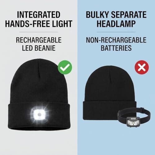 Komonee LED Beanie Hat Black Headlamp Plain Soft Comfortable USB Rechargeable Head Light for Men Women Warm Knitted Winter Woolly Night Running Dog Walker Headwear — view 6