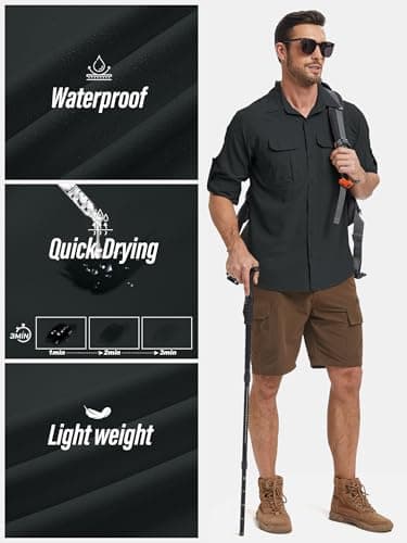 Peysuck Men's Safari Shirts, UPF 50 Sun UV Protection Shirt Black Gray — view 5