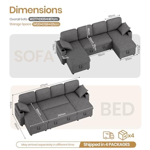 Corner Sofa Bed, U-Shaped Convertible Sleeper Sectional Sofa Bed with Storage, USB & Type-C Ports, Cup Holders and 2 Cushions, 4 Seater Linen Pull Out Couch Bed for Living Room, Bedroom, Grey — view 2