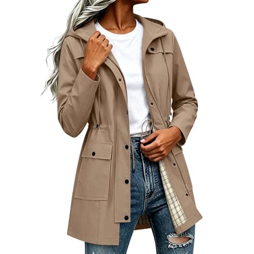 Znwerma women's rain jacket Waterproof Jacket Lightweight for Women Ladies Windbreaker Rain Coats Full Zip Hooded Long Raincoat Casual Hiking Walking Outwear Khaki