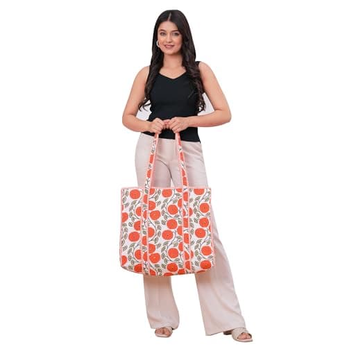 scorpionbliss Indian Cotton Quilted Tote Bag Women shoulder Bag Carry, shopping Beach Bag Summer Holiday Essentials Shopping Travel Bag with Pockets Handbags for Women (Orange-Flower) — view 4