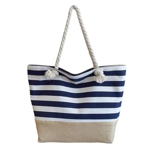 SSKHE Waterproof Beach Bag for Women Beach Bag with Zipper,Summer Tote Bags Canvas Stripe Travel Bag Reusable Shopping Shoulder Handbags for Gym Pool Picnic Holiday Essentials(48×35×17cm) Blue