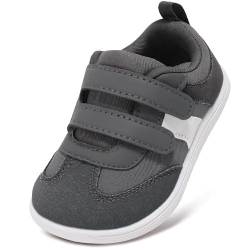 STQ KIDS Toddler Boys Girls First Walking Shoe Barefoot Trainers Non Slip Lightweight Kids School Shoes Wide Fit Zero Drop with Hook and Loop Casual Sports Running Tennis Sneaker Dark Grey UK 7 / T7
