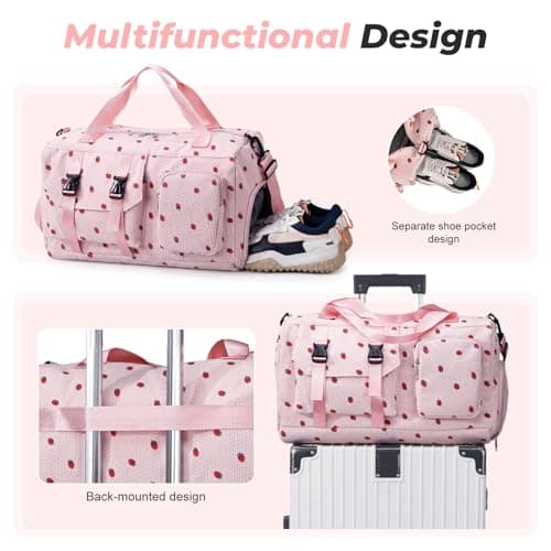 Flintronic Corduroy Strawberry Travel Duffel Bag, Large Gym Bag with Shoe Compartment & Wet Pocket, Foldable Weekender Bag for Gym, Swim, Dance, Travel (Purple) — view 6