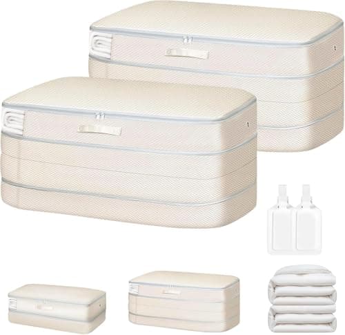 DIMJ 2 Pack Self-Compression Storage Bags 200L - Heavy Duty Duvet Organiser with Air Valves, Compress Bedding from 100L to 66L per Bag for Wardrobe, Travel & Moving | No Pump Space Saver (Beige)