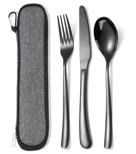 MURRI&MURRDI Stainless Steel Cutlery Set for 1, Reusable Flatware Set with Case, Cutlery Set for Work Stainless Steel Knife Fork Spoon Set 3 Piece (3 Black)
