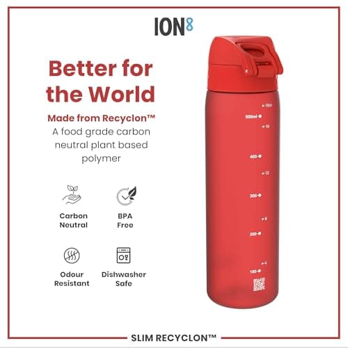 Ion8 Water Bottle, 500 ml/18 oz, Leak Proof, Easy to Open, Secure Lock, Dishwasher Safe, BPA Free, Hygienic Flip Cover, Carry Handle, Fits Cup Holders, Easy Clean, Carbon Neutral, Red — view 5