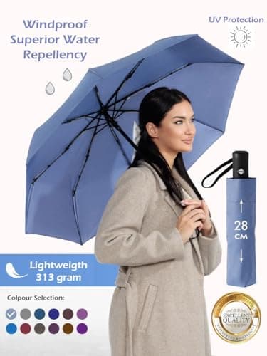 Windproof Travel Umbrella - Compact, Light, Full Automatic Open/Close - Folding Backpack Umbrella for Rain & Sun UV Preotection For Men & Women, Unbreakable 8 Fiberglass Ribs UK Design (Pigeon Blue) — view 2