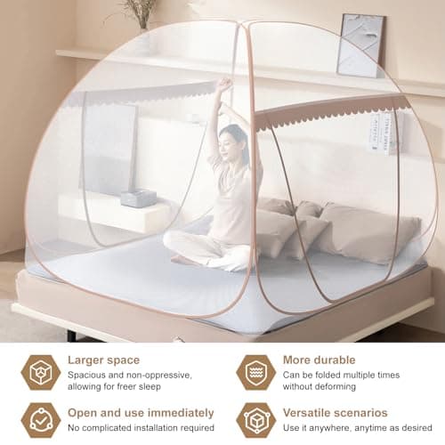 GLKEBY Pop Up Mosquito Net for Bed, W100 * L190 * H110cm Portable Tent Travel Single Door Zipper Bed Net, Easy Installation, Fine mesh,for Bedroom Outdoor Camping,No Hooks No Chemicals,Brown — view 4