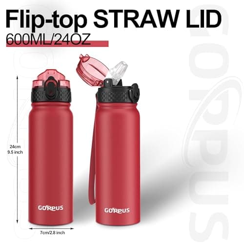GOPPUS 600ml/20oz Stainless Water Bottle with Straw Double Wall Insulated Bottles with Strap One Hand Open Vacuum Thermal Flask with Flip Top Lid Leakproof Keep Cold Drinks BPA Free (Red) — view 4