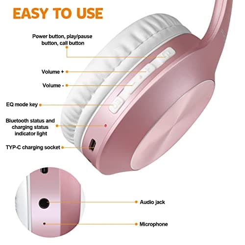 Rydohi Bluetooth Headphones Over Ear, 68H Playtime and 3 EQ Music Modes Wireless Headphones with Microphone/Deep Bass, HiFi Stereo Foldable Lightweight Headset for PC Home Travel Office (ROSE GOLD) — view 6