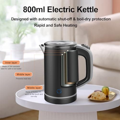 Zoravson 600W Travel Kettle Electric, 800ml Small Kettle, Portable Kettles, Auto Shut-Off & Boil-Dry Protection,UK Plug,Low Wattage Stainless Steel Kettles for Motorhome,Office,Hotel,Dorm-Black — view 3