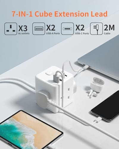 Cube Extension Lead with USB C Slots, 3 Way Power Extension — view 2