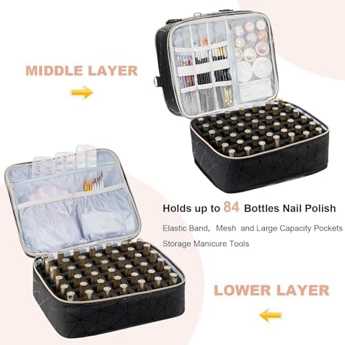 Uross Nail Polish Organizer Bag Holds 84 Bottles Nail Lamp, Gel Nail Polish Organizers and Storage Box for Nail Tech, Nails Kit Supplies Organizer Case-Black — view 2