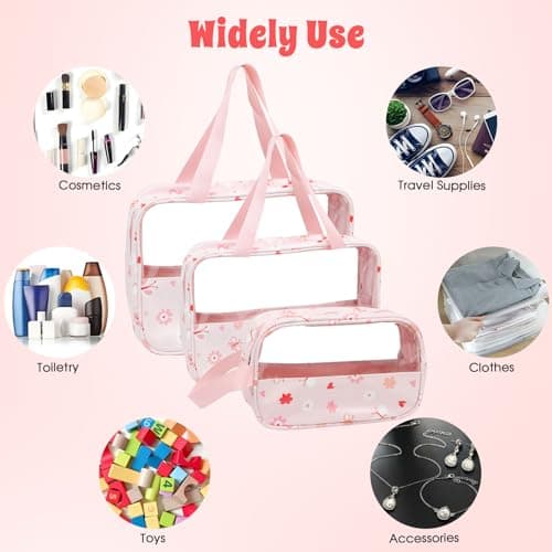 LOKIPA 3 PCS Clear Toiletry Bag,Travel Wash Bags Portable Waterproof Makeup Bags Handing Cosmetic Organizer for Traveling Men Women(Pink) — view 5