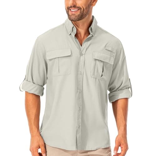 mosingle Men's Long Sleeve Hiking Shirt, Sun UV Protection Safari Fishing Outdoor Shirt Quick Drying Lightweight Walking Travel Shirts #5053-Light Khaki-M