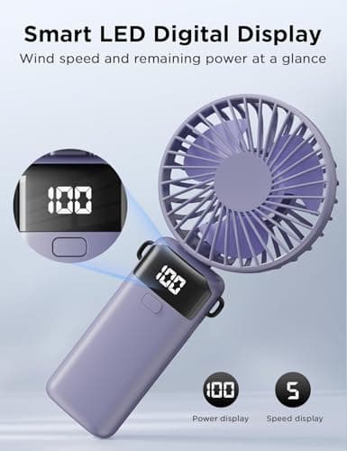 Pyltor Handheld Fans, Mini Fan 3000mAh Type-c Rechargeable,90° Fold Cooling Portable Handheld Electric Fan,Led Digital Display Fans,for Travel, Outdoor, Home, Office, School, Camping (Purple) — view 4