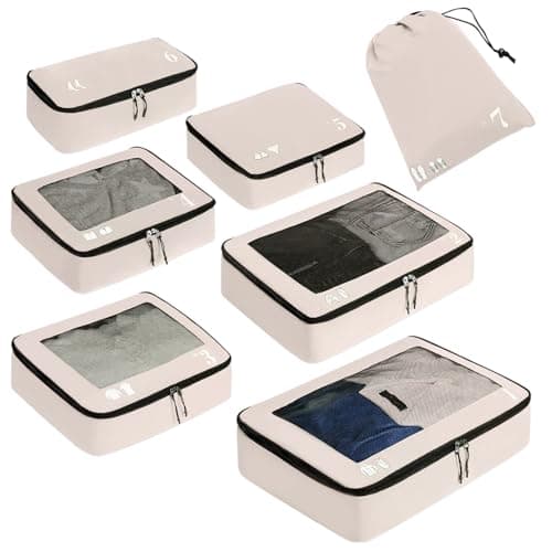 ECOHUB Packing Cubes for Suitcase 7 PCS Travel Organiser Packing Bags Recycled PET Eco Friendly Travel Accessories Shoes Bags Storage Bag Luggage Organiser Pouch(Beige)