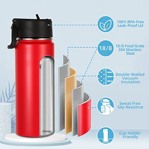 Volhoply 530ml 18oz Kids Insulated Water Bottle, Stainless Steel Water Bottles with Straw Lid, Wide Mouth Double Wall Vacuum Sports Travel Flask for Cold Drink (Red,1 Pack) — view 3