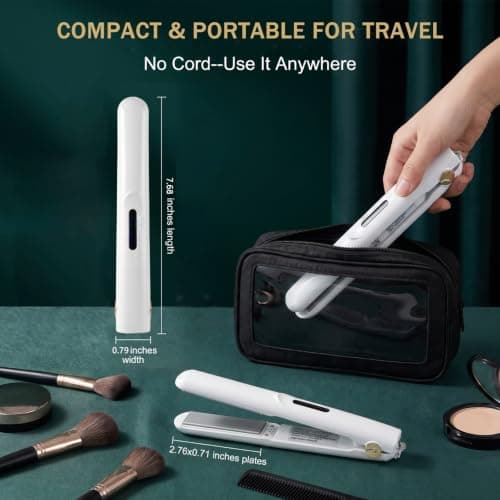 Mini Hair Straightener Rechargeable,2in1 Cordless Hair Straighteners and Curler,Mini Hair Straightener Wireless,Rechargeable Ceramic Mini Portable Curling Iron with 2600mah (White) — view 2