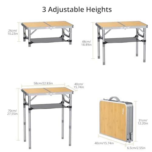 Anbte 2ft Camping Table Foldable, 3 Adjustable Heights High 27.5" Aluminum Small folding table with Carrying Handle, Portable, for Outdoor Indoor Picnic Beach BBQ Travel, 24" x 16", Light Oak Grain — view 3