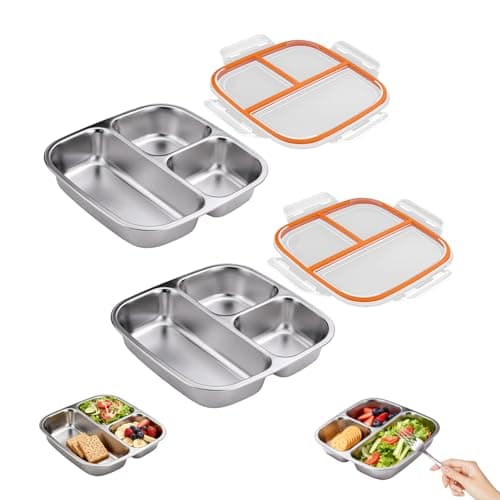 Betinyar 2PCS Stainless Steel Snack Containers, Leak-proof 3-Compartment Food Prep Containers with Individual Sealing Lids, Reusable Food Storage for Travel, Camping, Work and Fitness