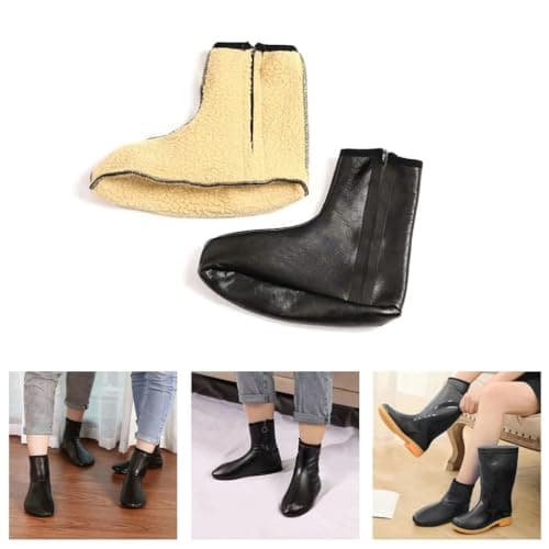 XAGMODSHN Women Men Winter Warm PU Faux Leather Slipper Socks Fleece Lined Thermal Indoor Outdoor Home Slip Middle Tube Socks — view 5