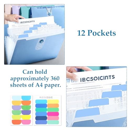 ASelected A4 Expanding File Organiser, 3 Pcs Large Capacity Poly Pockets Document Organiser, 12 Compartment Expandable Document Bag for Office, Business Trip, Home — view 5