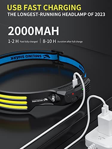 Smiling Shark LED Headlamp, 230°Wide Angle 3*White Light Strips the Brightest Head Lamp Rechargeable with Motion Sensor Waterproof Headlight for Camping Hiking Outdoor, Head-Lamp-LED-Frontale-Light — view 4