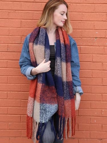 Style Slice Oversized Tartan Blanket Scarf, Navy Blue Orange — view 2
