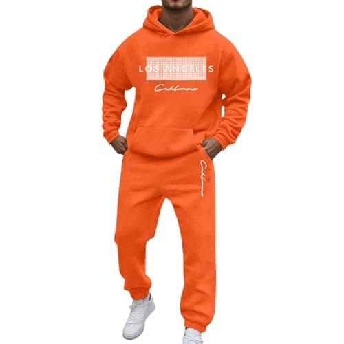 Mens Tracksuit Set Contrast Cord Fleece Hoodie Top Bottoms Jogging Zip Joggers Gym Sport Sweat Suit Pants Plus Size Jogger Sets Exercise Fitness Sportswear Sweatshirts Holiday Clothing (Orange, S)