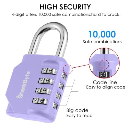 SharkByte Heavy Duty Combination Padlock – 4-Digit Weatherproof Outdoor Lock with Stainless Steel Shackle, Anti-Rust Resettable Code for Gym, School, Locker, Shed, Toolbox, Gate & Warehouse - Purple — view 5