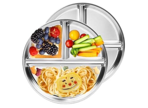 Sprigold 304 Stainless Steel Dinner Plates 2 Pack, 9.05’’Round Control Plate Divided Plates, Ideal for Children,Adults, Lunch Tray,Camping Food Tray Dishwasher-Safe (2, 9.05'' Round)