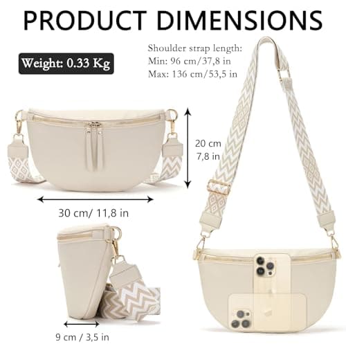 Vezluax 30x20cm Cross Body Bumbags for Ladies Large Bum Bag Stylish Waist Packs Women's Bumbag Fanny Pack for Women Belt Bag with Wide Strap White — view 3