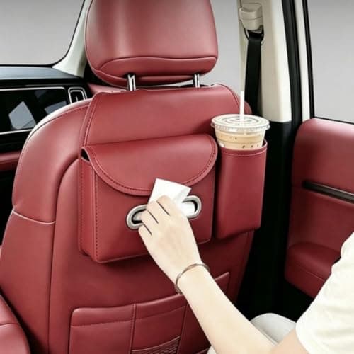 Car Seat Back Organizer with Tissue Box Cup Holder Leather Backseat Pocket Headrest Mounted Travel Caddy Rear Passenger Essentials Road Trip Interior Accessory for Suv Truck Vehicle，A — view 4