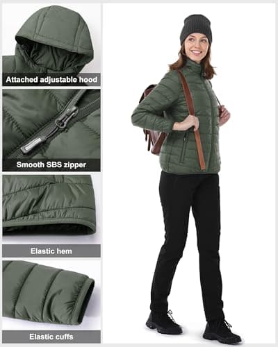 Outdoor Ventures Women's Winter Lightweight Puffer Jacket with Hood, Warm, Short, Packable, Quilted, Transitional, Padded Jacket for Ladies, Lined for Hiking, Travel Army Green 2XL — view 4