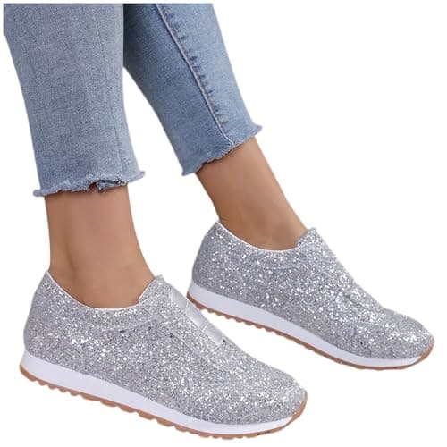Sequin Shoes for Women Womens Glitter Slip On Trainers Breathable Silver — view 2