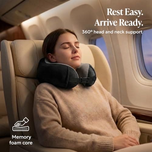 LUGG Memory Foam Travel Pillow – 360° Ergonomic Neck & Head Support, Slow Rebound Cushioning, Breathable Cover, Lightweight U-Shape Pillow for Flights, Trains & Cars, Includes Storage Bag - Black — view 2