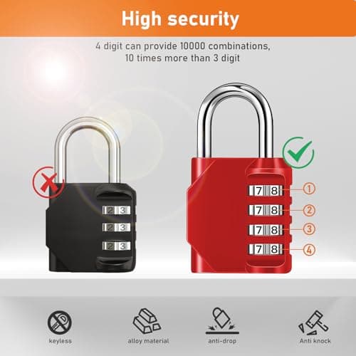 NAGE Padlocks with Code, Combination Lock 4 Digit Gym Locker (1P, Red) — view 2