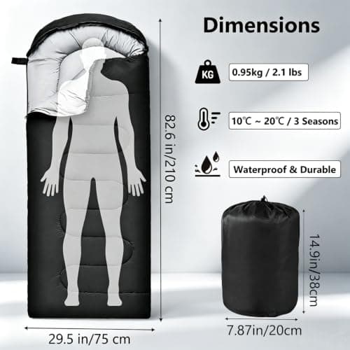 Sleeping Bag for Camping, 3 Seasons Sleeping Bags for Adults Backpacking Waterproof, Small Packed Compact Carry Bag, Soft,Thick and Warm for Outdoor Camping,Travel,Hiking (Black-Warm Weather 15-25°C) — view 2