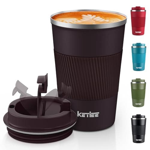 KETIEE Travel Mugs, 380ml Insulated Coffee Cup with Leakproof Lid - Double Walled Coffee Mug,Stainless Steel Thermal Mug for Hot Cold Drinks,Reusable Coffee Cups Travel Cups,Coffee Travel Mug-Brown